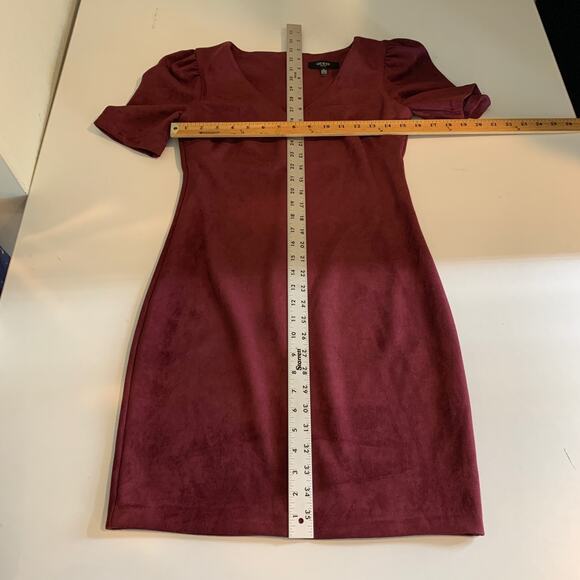 Guess Dress Womens 2 Wine Velvet Wide Puff Pouf Sleeve V Neck Back Zip Sheath - Picture 7 of 16